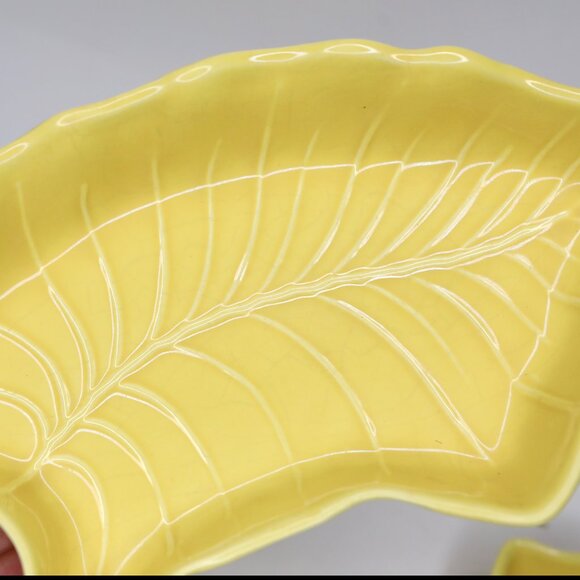 Vintage California Pottery Ceramic Lazy Susan Leaf Serving Tray Appy Dish Yellow - Picture 10 of 15